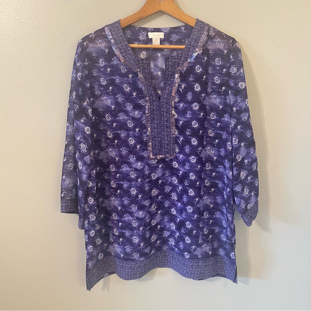 Chico’s Blue/White Sheer Tunic with Sequin Trim Size 1 (8-10)